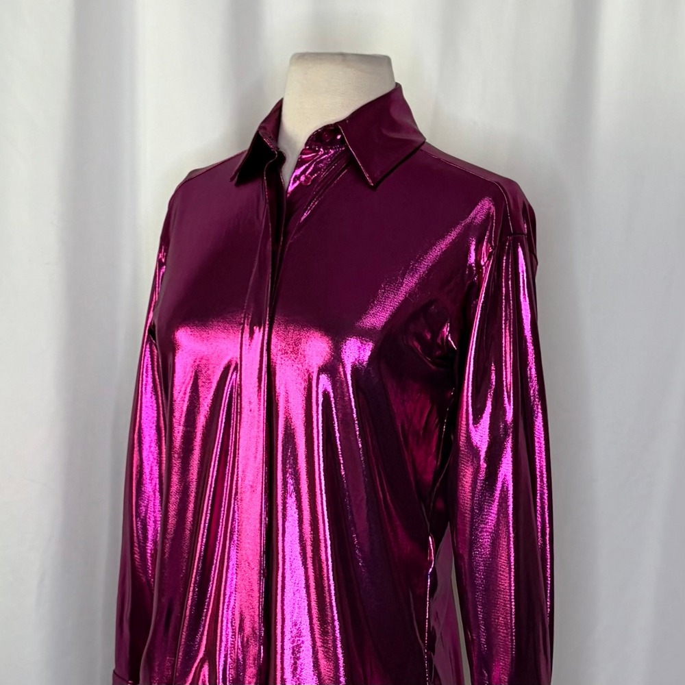 By ANTHROPOLOGIE Magenta Pink Shimmer Shine Lamé Buttondown Top Blouse X-Small - Picture 8 of 16